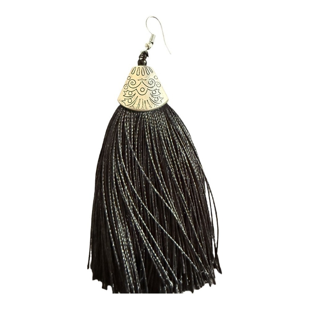 Black tassel etched design earrings dangle fringe drop earrings boho chic - Picture 2 of 4
